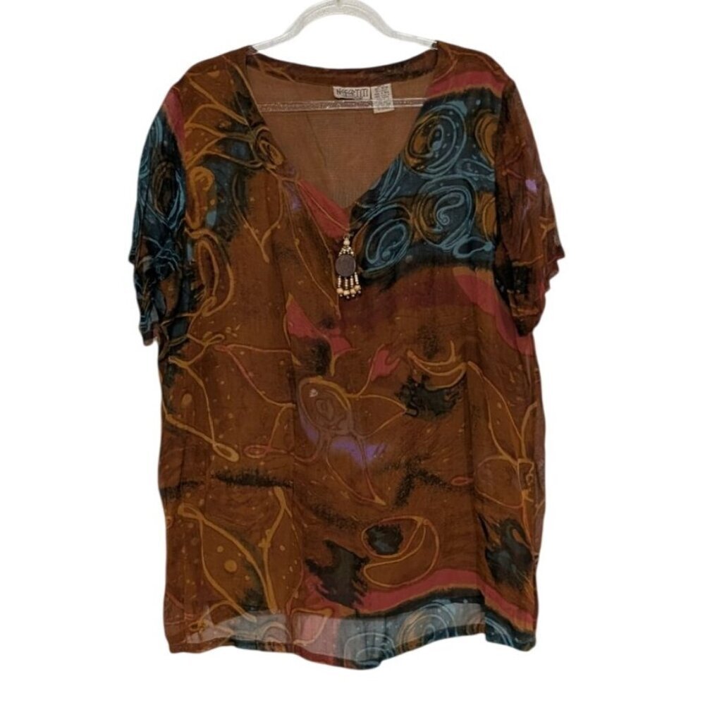 Nefertiti Collection Floral Shirt Womens Size Large Brown Artsy Short Sleeve